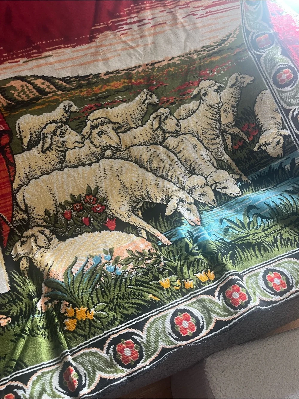 Amazing VinyReligious Shepherd Tapestry in Red and Cream